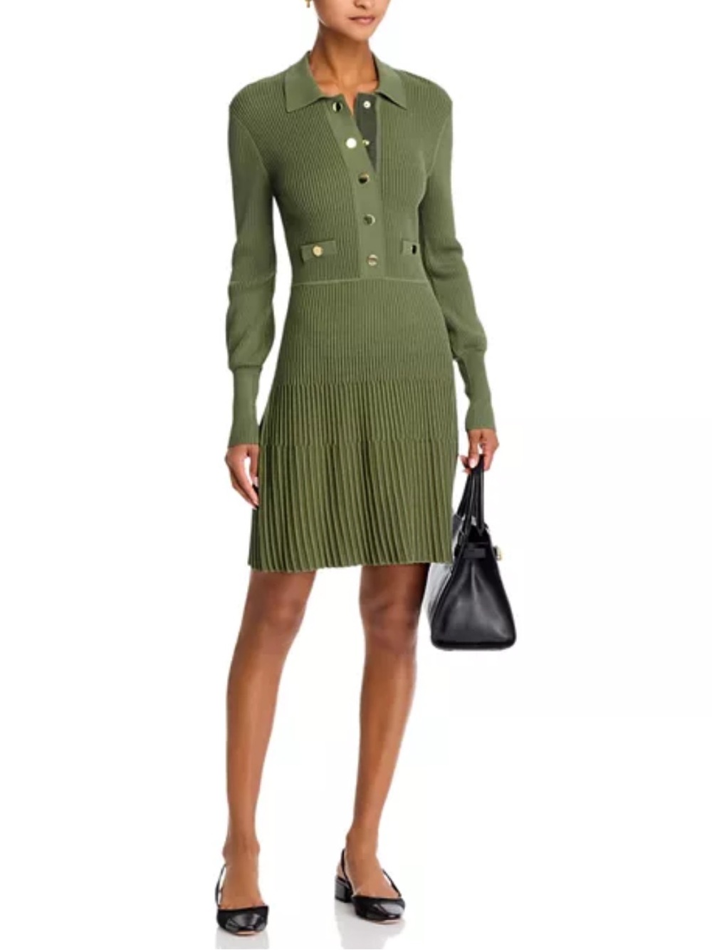 Veronica Beard Lauper Sweater Dress Ribbed Olive Army Green Gold Buttons Large L
